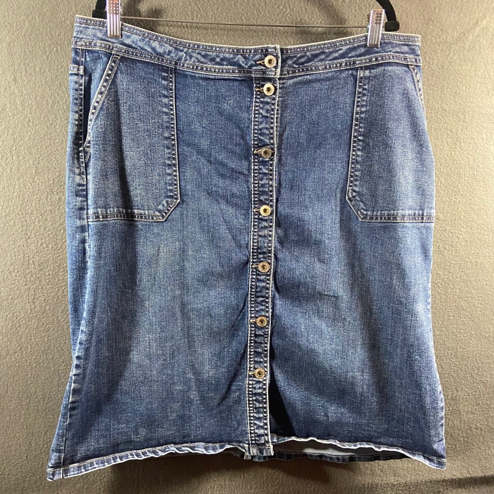 Denim midi Skirt Button Front Stretch Blue 18 modest minimalist pockets western